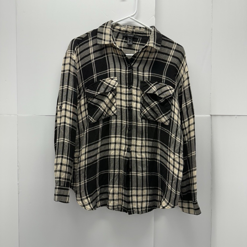 forever 21 black and white button up long sleeve flannel